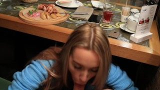 Public Blowjob Under The Table In The Restaurant. Cum in Mouth.
