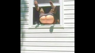 HORNY dildo orgasm squirting out of window while neighbors are outside!