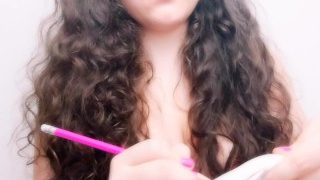 Cute teen with big juicy tits tapping on a plastic notebook ASMR