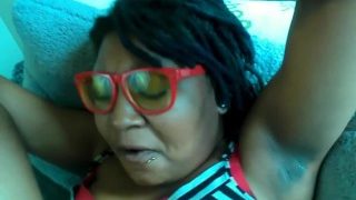 Ebony in Glasses Suirts on Fuck Machine