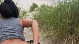 Japanese teen rides POV reverse cowgirl and doggy on public beach