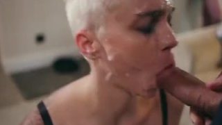 Bukkaee Babe,Big Titted tattooed blonde with short hair gets facialised