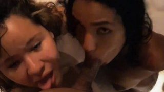 Lucky cameraman take a double blowjob by two ugly bitches.