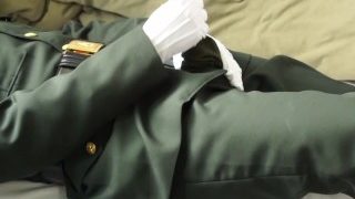 NCO in army dress uniform jacking off and cum