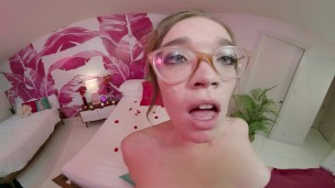 Sexy blonde in glasses has her ass filled with cum in VR